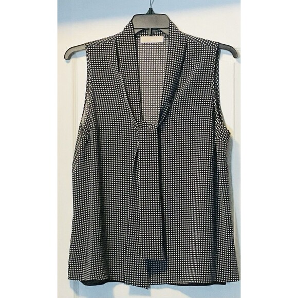 Michael Kors Women's Sleeveless Checkered Tie-Neck Blouse Size L, Black/White - Picture 1 of 8